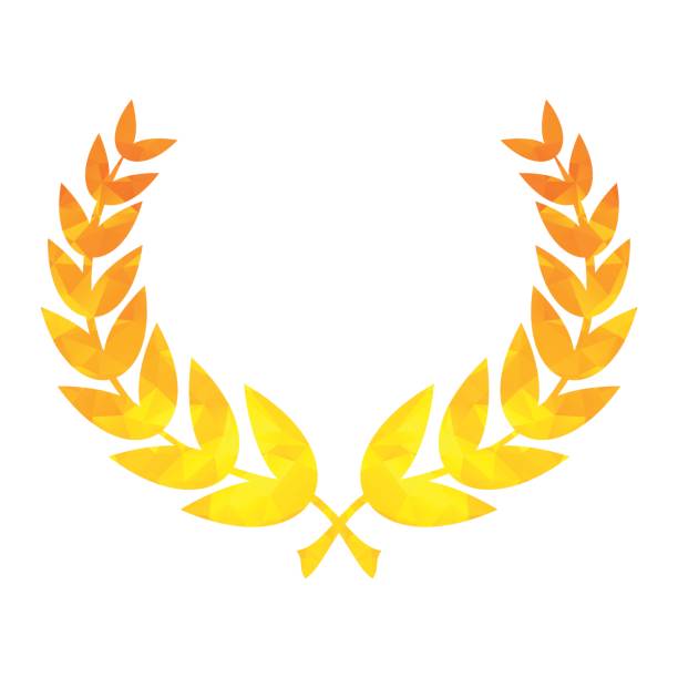 star laurel wreath of winner Golden triangle laurel wreath of winner for rewarding for ighest achievement. Flat vector cartoon illustration. Objects isolated on a white background. metal laurel wreath stock illustrations