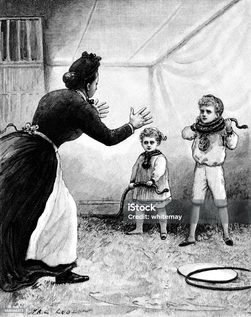 Two Victorian children playing with snakes Two Victorian children playing with some snakes, to the horror of their nanny. The older boy has a snake wrapped around his neck while the toddler is holding another snake, probably planning to emulate his big brother. From “Sunday Reading for the Young”, published in 1895 by Wells Gardner, Darton & Co, London. With articles and poems by various authors and illustrations by various artists. 19th Century stock illustration