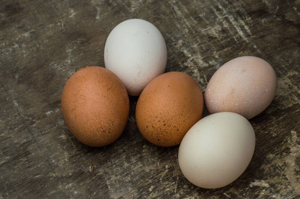 istock Five fresh chicken eggs on an old wooden background 666072408