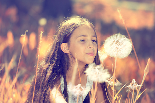 Outdoor closeup portrait of a beautiful, happy young Girl Blowing Dandelion flower on a sunny summer day. Life Leisure, vacation, travel concept. Positive facial expressions, emotions, feelings