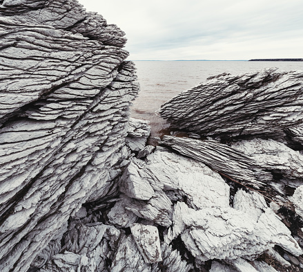 Jagged gypsum rock formations worn by the tides of the Bay of Fundy.