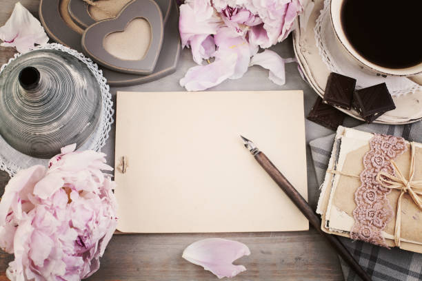 Vintage Background with Empty Blank Paper, Old Post Cards, Peony Flowers, Coffee and Chocolates