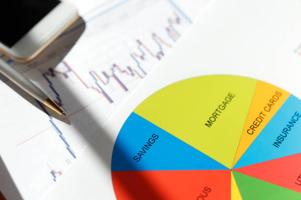 финансовые графики и графики - analyzing pie chart scrutiny sales occupation стоковые фото и изображения