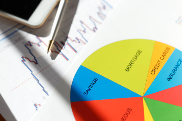 финансовые графики и графики - analyzing pie chart scrutiny sales occupation стоковые фото и изображения