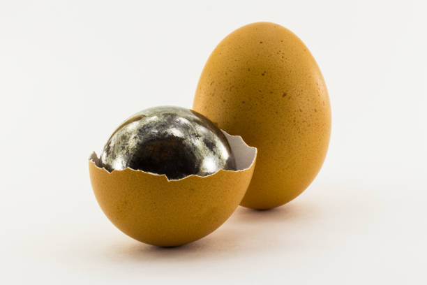 istock Broken egg with a steel ball inside the shell and a whole egg isolated on white background 666094440