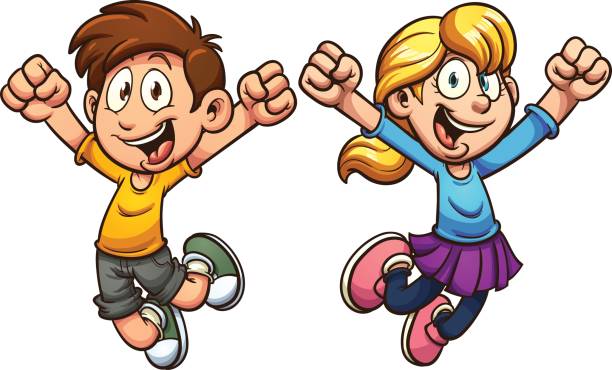 Boy and girl Cartoon kids jumping. Vector clip art illustration with simple gradients. Each on a separate layer. cartoon kids stock illustrations