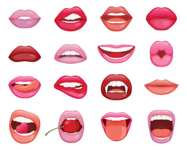 ilustraciones, imágenes clip art, dibujos animados e iconos de stock de set de labios de mujer sixsteen - mouth open illustrations