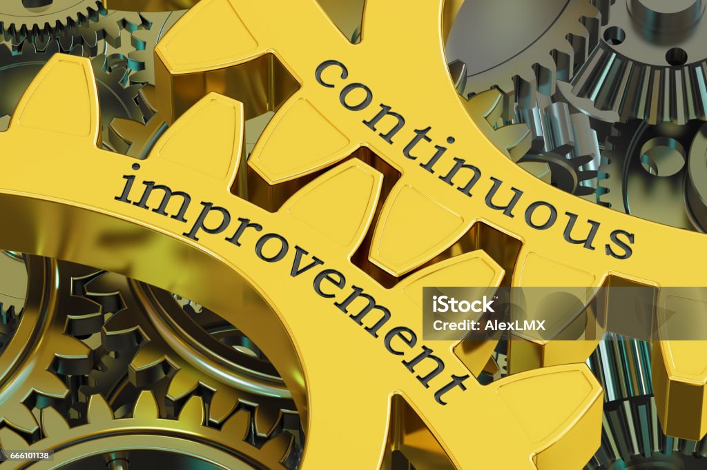 continuous improvement concept on the gears, 3D rendering Kaizen stock illustration