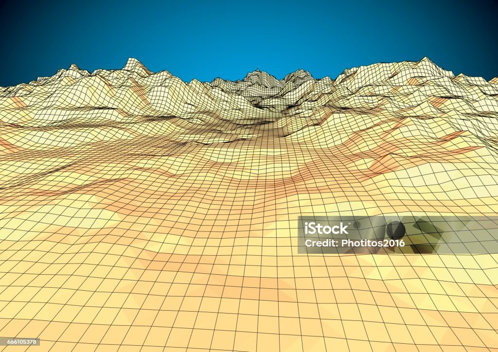 Retro styled futuristic landscape with mountains range Retro style wireframe futuristic landscape with a mountain range and realistic sky. technology concept. Vector illustration Grid Pattern stock vector