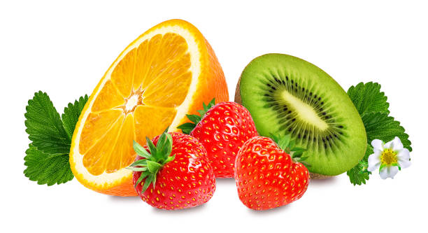 istock Strawberry,orange and kiwi fruit  isolated on white 666105560