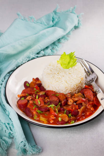 istock Red Beans with Sausages, Pancetta, Celery Stalks and Rice 666114404