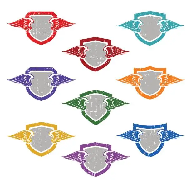 Vector illustration of Set of blank shields with wings for labels, stickers,  t-shirts.