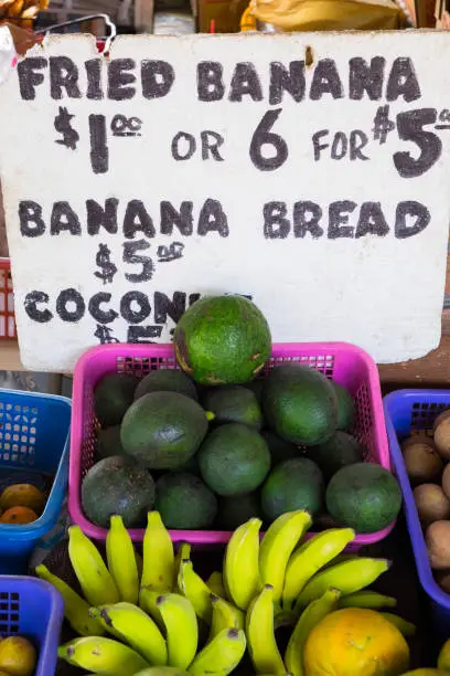 Hawaii farmer's market with avocado and banana alongside other tropical fruits from this island paradise.