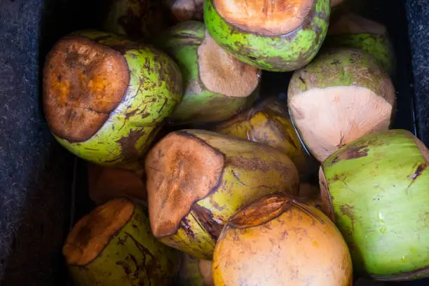 Farmer's market on the North Shore of Oahu Hawaii with ice cold coconuts for sale.