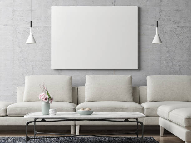 White poster on concrete wall, living room background