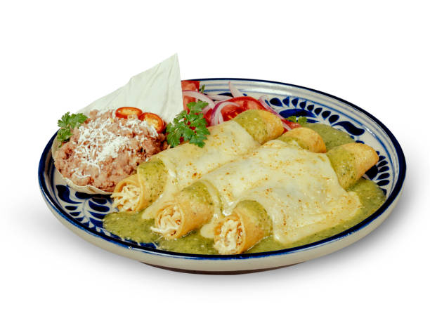 Green Sauce Enchiladas with clipping path Authentic Mexican enchiladas with melted cheese enchilada stock pictures, royalty-free photos & images