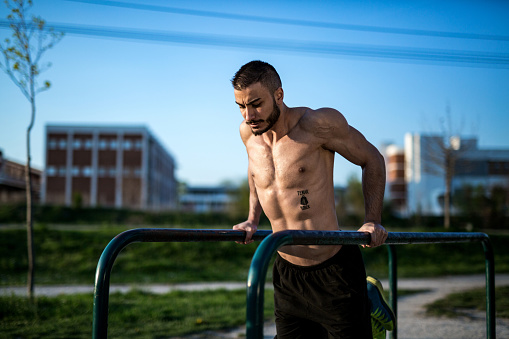 Bodybuilder Dips Bodybuilder Doing Dips In A Public Gym Stock Photo - Download Image Now ...