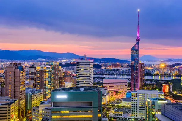 Fukuoka, Japan downtown city skyline.