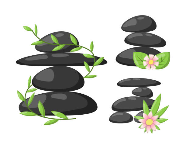 Pyramid from sea pebble relax heap stones isolated and healthy wellness black massage meditation natural tool spa balance therapy zen vector illustration Pyramid from sea pebble relax heap stones isolated and healthy wellness black massage meditation natural tool spa balance therapy zen vector illustration. Natural asian care peace alternative. standing on one leg not exercising stock illustrations