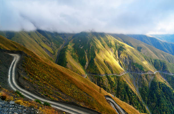 view in the caucasus mountains. road to omalo in tusheti region. georgia - tusheti imagens e fotografias de stock