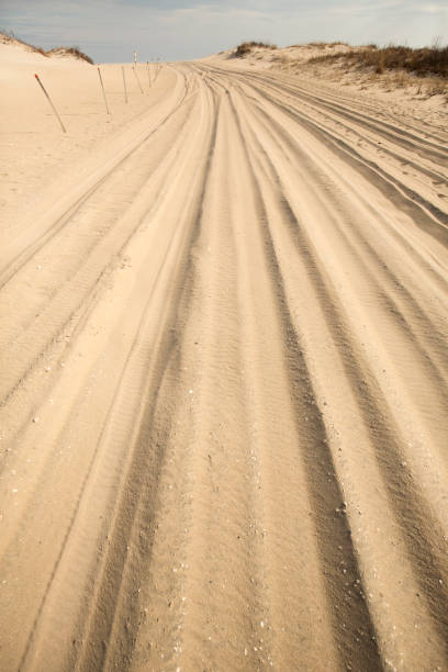 Off-road vehicle trail in the sand on Assateague Island, Maryland. Trail for off-road vehicles in the sand on the beach of Assateague Island National Seashore in Berlin, Maryland, USA. eastern shore sand sand dune beach stock pictures, royalty-free photos & images