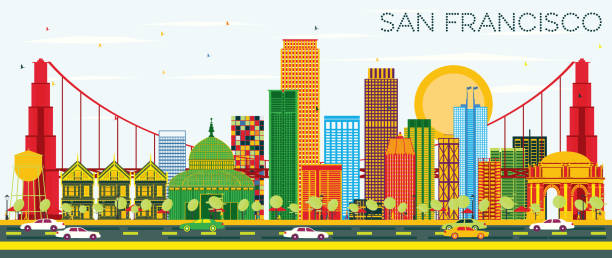 샌 프란 시스 코 스카이 라인 색 건물 들과 푸른 하늘. - san francisco county skyline vector bridge stock illustrations