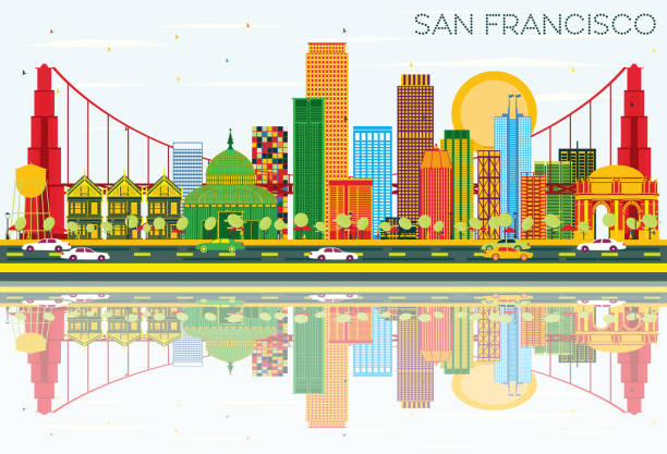 illustrazioni stock, clip art, cartoni animati e icone di tendenza di skyline di san francisco con edifici a colori, cielo blu e riflessi. - san francisco county skyline silhouette sky