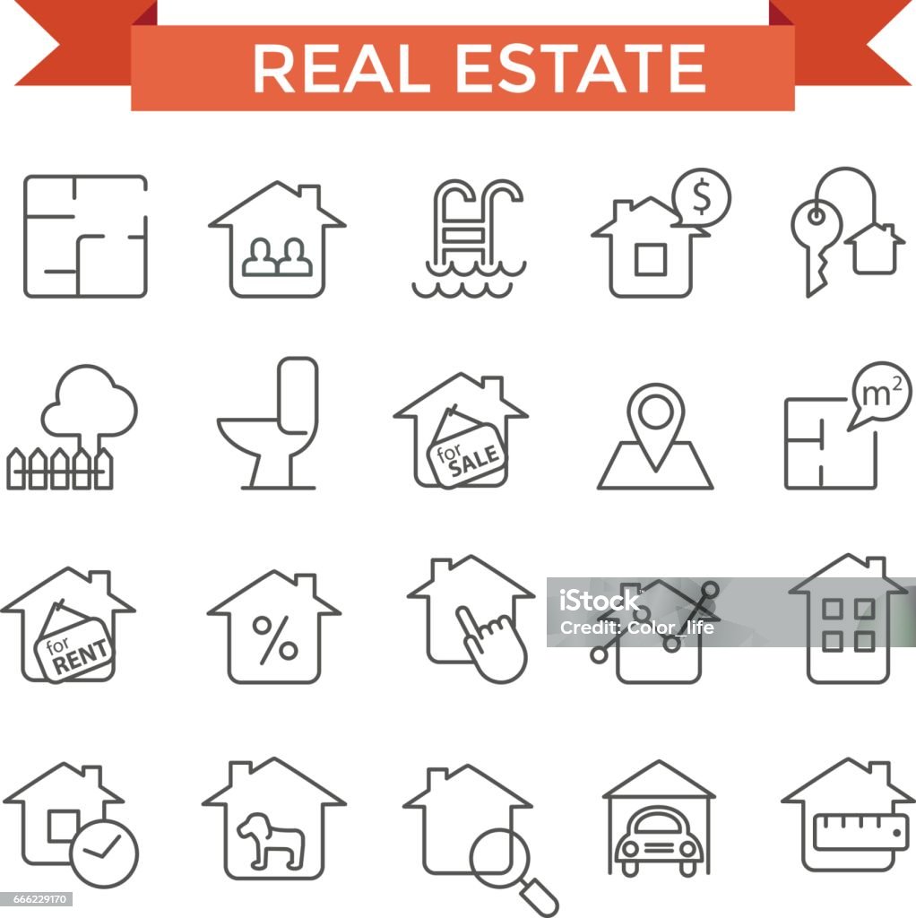 Icônes d'immobilier. - clipart vectoriel de Illustration au trait fin libre de droits