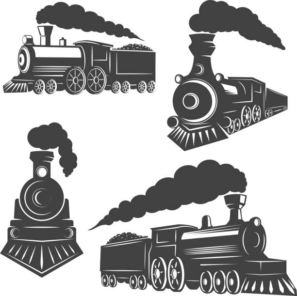 ilustraciones, imágenes clip art, dibujos animados e iconos de stock de juego de trenes iconos aislados sobre fondo blanco. elementos de diseño de logotipo, etiqueta, emblema, señal, marca. - locomotora