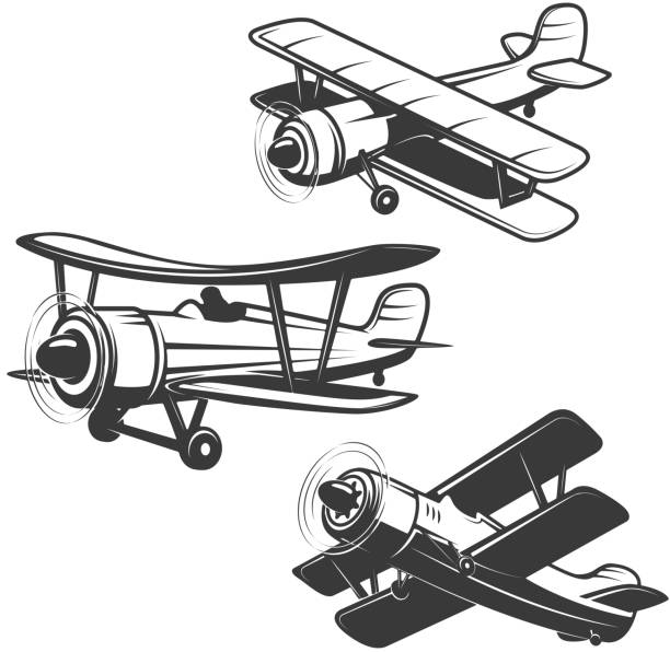 ilustrações, clipart, desenhos animados e ícones de conjunto de ícones de avião isolado no fundo branco. - airplane biplane retro revival old fashioned