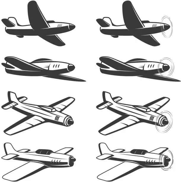 Vector illustration of Set of airplane icons isolated on white background.