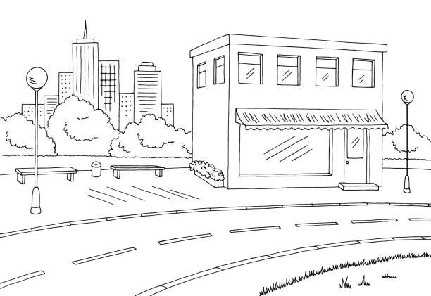 illustrazioni stock, clip art, cartoni animati e icone di tendenza di street road graphic black white landscape schizzo illustrazione vettore - city street