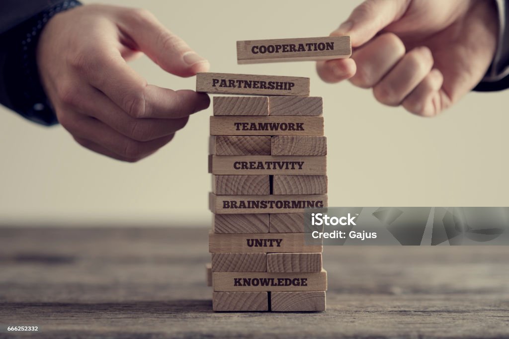 Stack of wooden dominoes with signs Close-up of hands putting dominoes onto stack of wooden bricks with motivational business signs on brown table surface, vintage effect toned image. Building - Activity Stock Photo