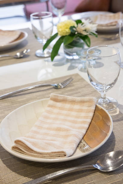 istock Empty glasses and dishes set in an empty interior new luxury restaurant 666258488