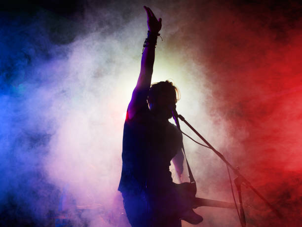 Silhouette of guitar player on stage. Silhouette of guitar player on stage. Dark background, smoke, spotlights string ensemble stock pictures, royalty-free photos & images