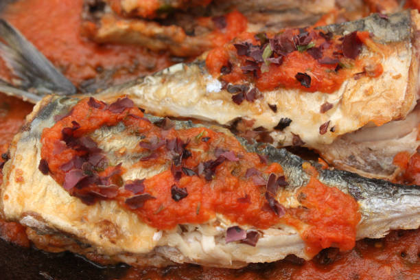 Mackerel cooked in tomato sauce Mackerel cooked in tomato sauce with dry seaweed algue stock pictures, royalty-free photos & images