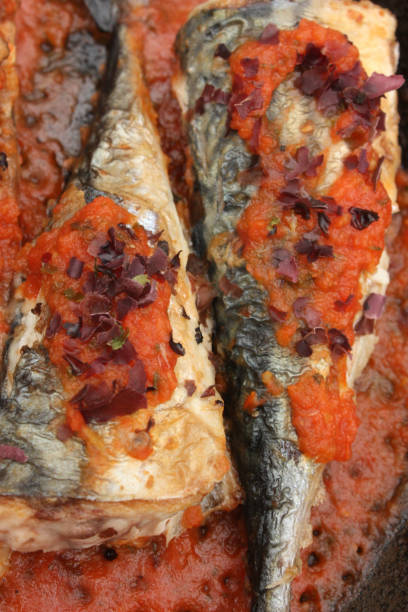 Mackerel cooked in tomato sauce Mackerel cooked in tomato sauce with dry seaweed algue stock pictures, royalty-free photos & images