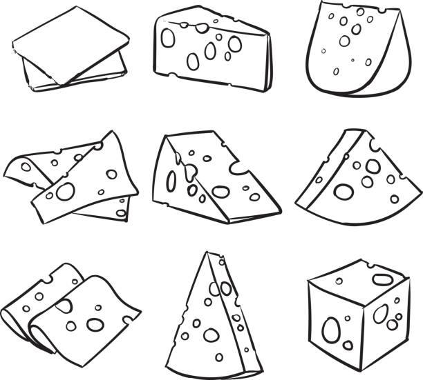 チーズは、白い背景で隔離のベクトルを設定します。手には、チーズのアウトライン ベクトル図が描かれました。 - black line点のイラスト素材／クリップアート素材／マンガ素材／アイコン素材