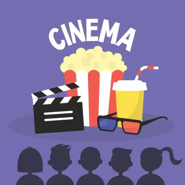 Vector illustration of Silhouettes of people from back watching cinema / flat editable vector illustration, clip art