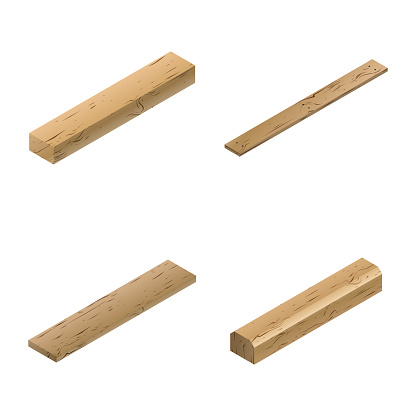 Set of wooden elements , block, plank, board and sleeper. Isolated on white background, flat 3D isometric style, vector illustration.