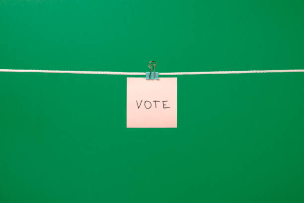 istock Pink paper note on clothesline with text Vote over colorful background 666265684