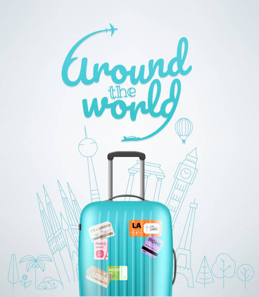 Color plastic travel bag with different travel elements vector illustration. Travel concept Vector illustration tourism logo stock illustrations