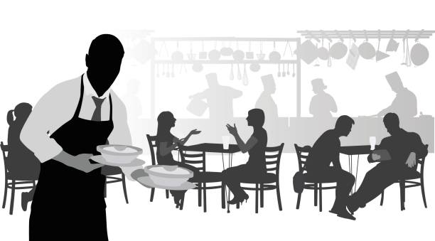 French Cafe Server Silhouette illustration of a waiter in a busy restaurant chef silhouettes stock illustrations