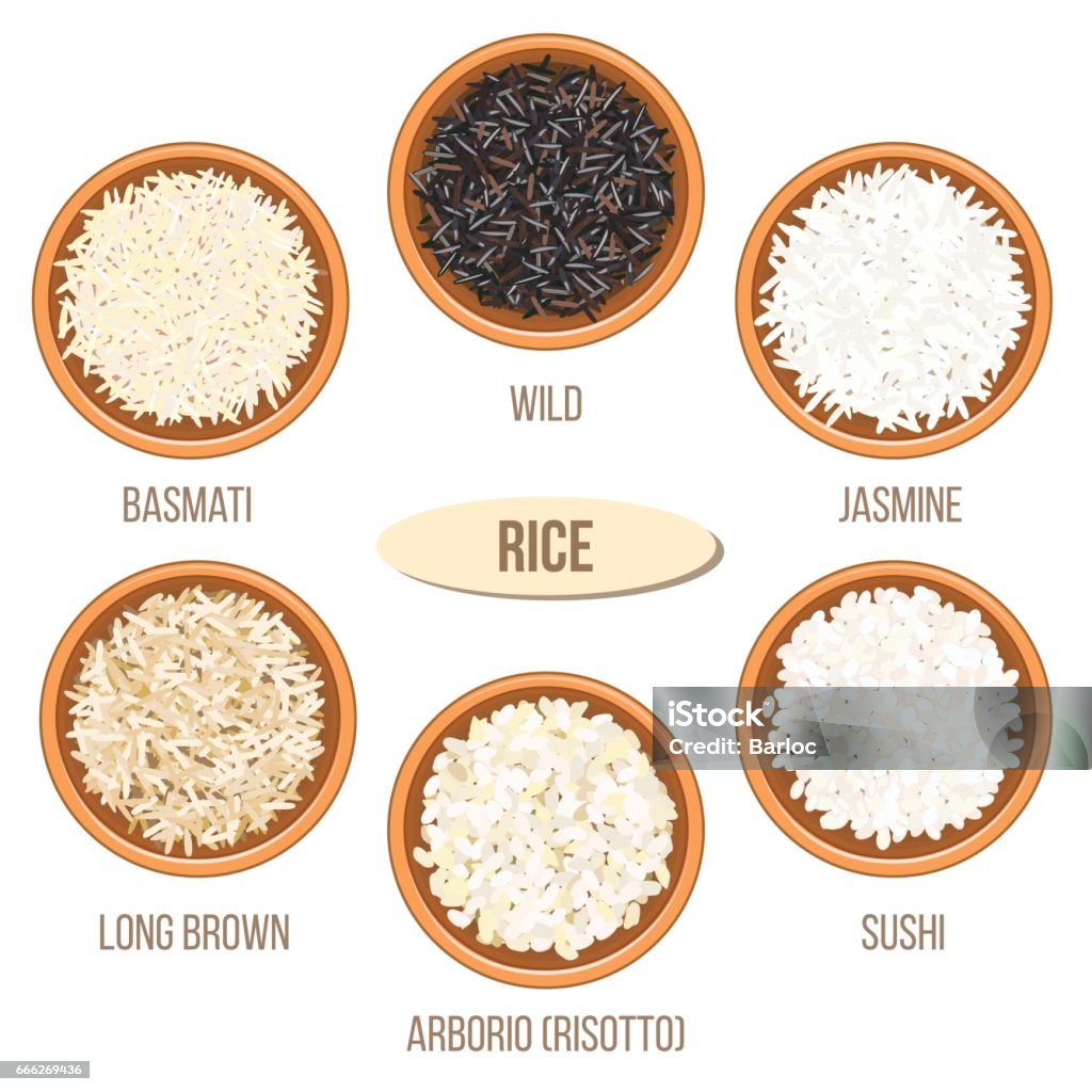 Different types of rice in bowls. Basmati, wild, jasmine, long brown, arborio, sushi Different types of rice in ceramic bowls. Basmati, wild, jasmine, long brown, arborio, sushi. Vector illustration. For culinary, cafe, fastfood, shop, restaurant Can be used as tag label poster Agriculture stock vector