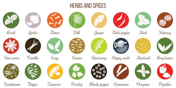 Big icon set of popular culinary herbs and spices white silhouettes Big icon set of popular culinary herbs and spices white silhouettes. Color background. Rosemary, chili pepper, garlic, basil, anise etc. For cosmetics, store, spa, health care, logo design, tag label poppy seed stock illustrations