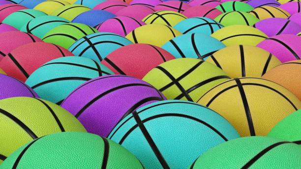 istock Tight Grid of Basketballs in Various Colours 666280268