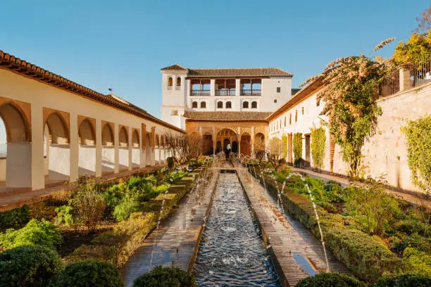 Courtyard and fountains of Generalife palace in Alhambra, Granada