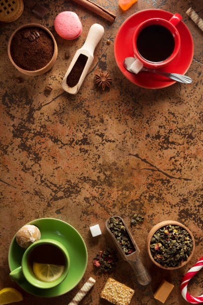 istock Cup of coffee, tea and cacao on table 666286618