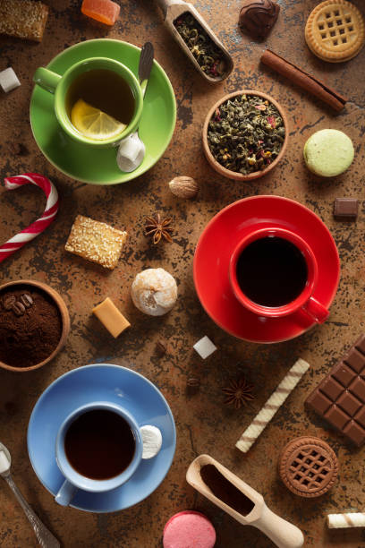 istock Cup of coffee, tea and cacao on table 666286670