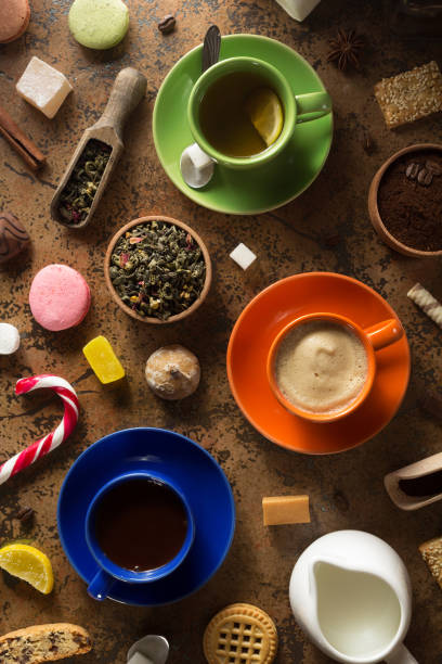 istock Cup of coffee, tea and cacao on table 666287094